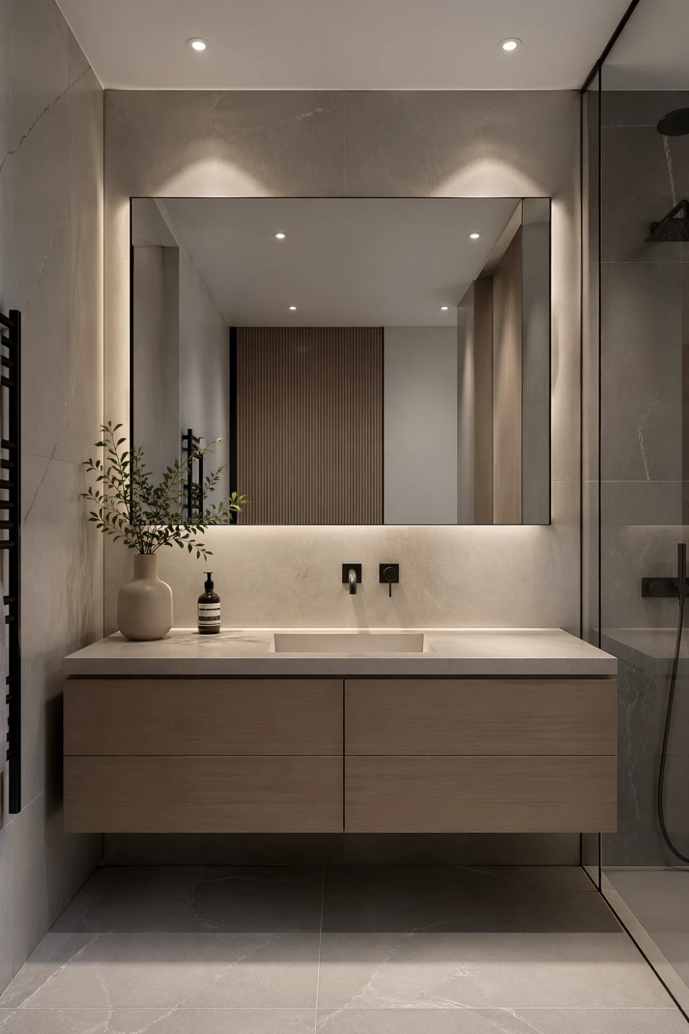 Modern bathroom with recessed ceiling spotlights highlighting mirror area creating a clean minimal lighting setup