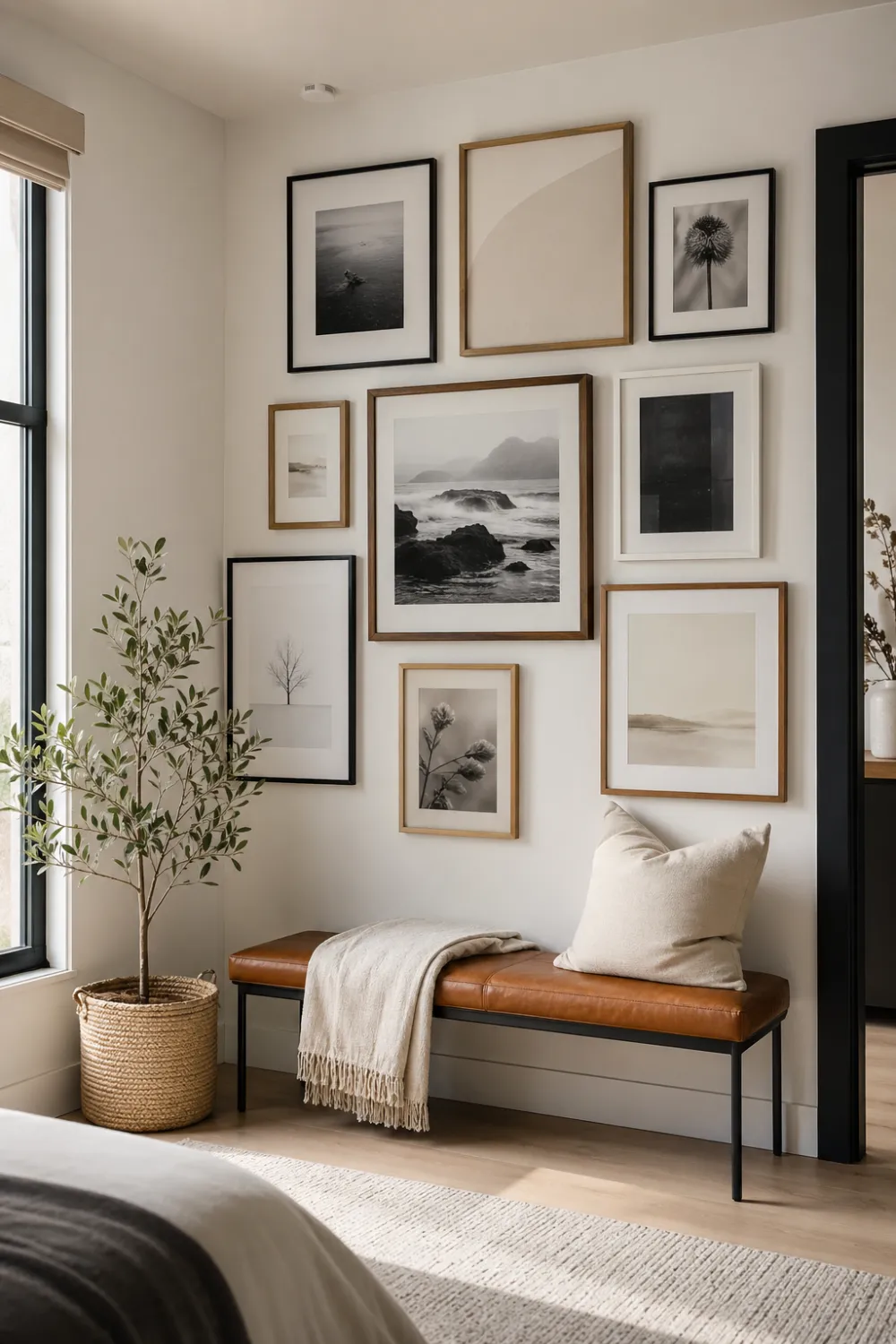 gallery wall corner with frames art prints bench cushion plant modern aesthetic decor neutral tones cozy entryway styling