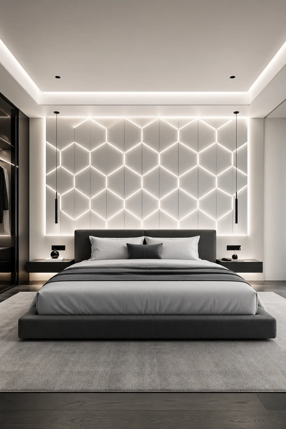 LED panel bedroom aesthetic with geometric wall design, modern lighting panels, minimal luxury decor, futuristic bedroom wall lighting ideas