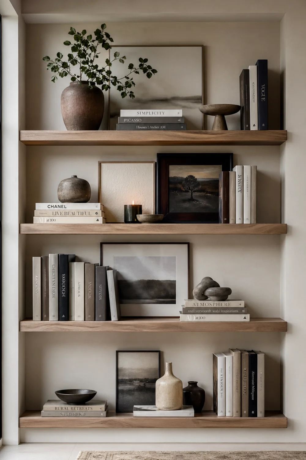 layered bookshelf styling with frames at back and decor in front, neutral tones, modern shelf design with depth, aesthetic bookshelf arrangement, interior styling inspiration