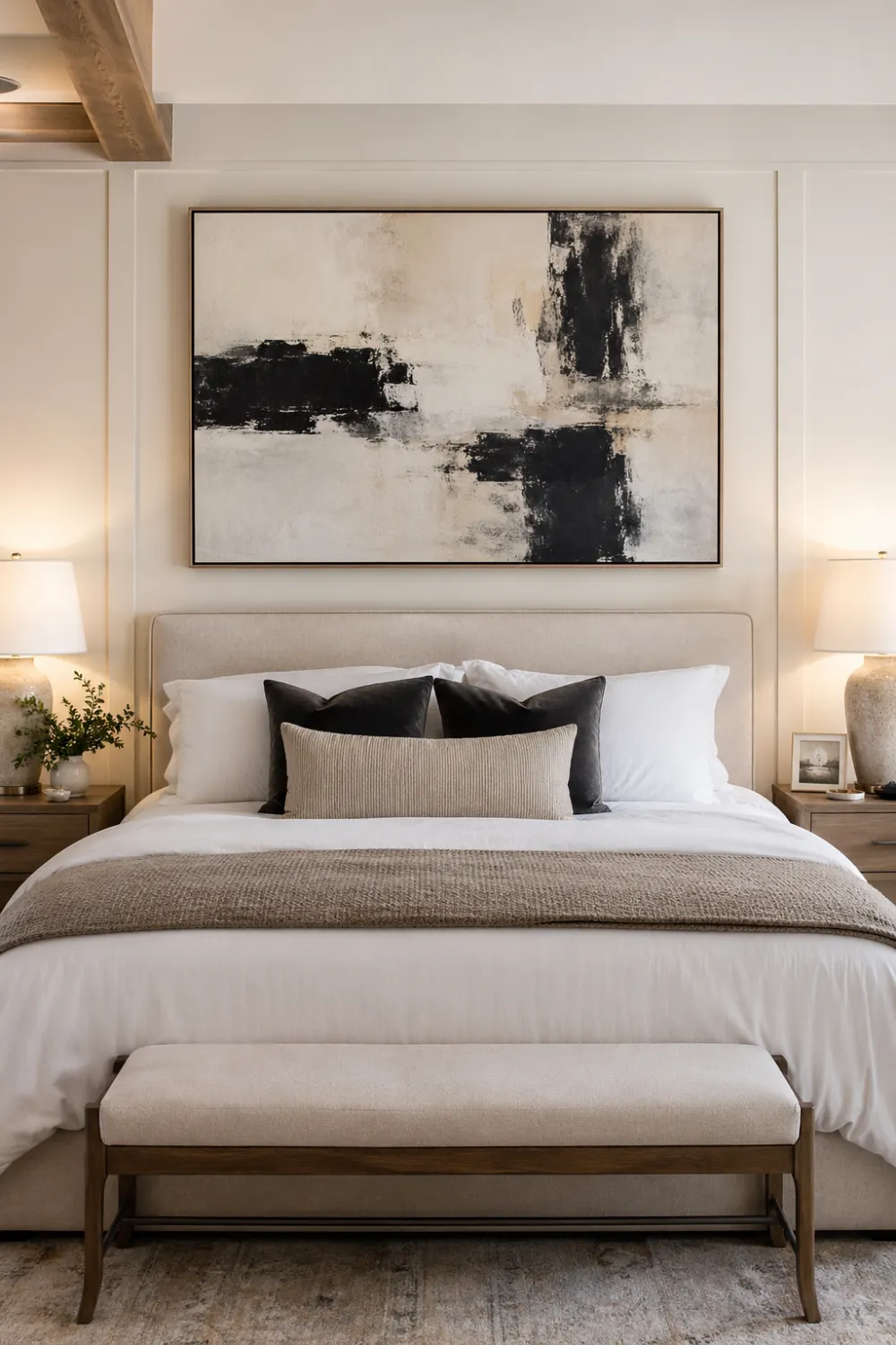 modern farmhouse bedroom with oversized abstract wall art, upholstered bed, neutral bedding, matching lamps, wooden nightstands, clean panel wall, minimal decor, elegant modern interior
