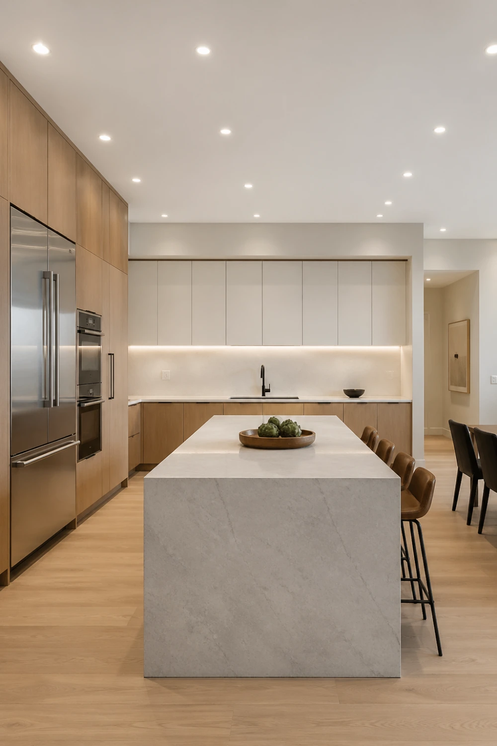 minimalist kitchen with recessed ceiling lights evenly spaced, clean white ceiling, marble island, wooden cabinetry, soft balanced lighting creating bright and modern open space