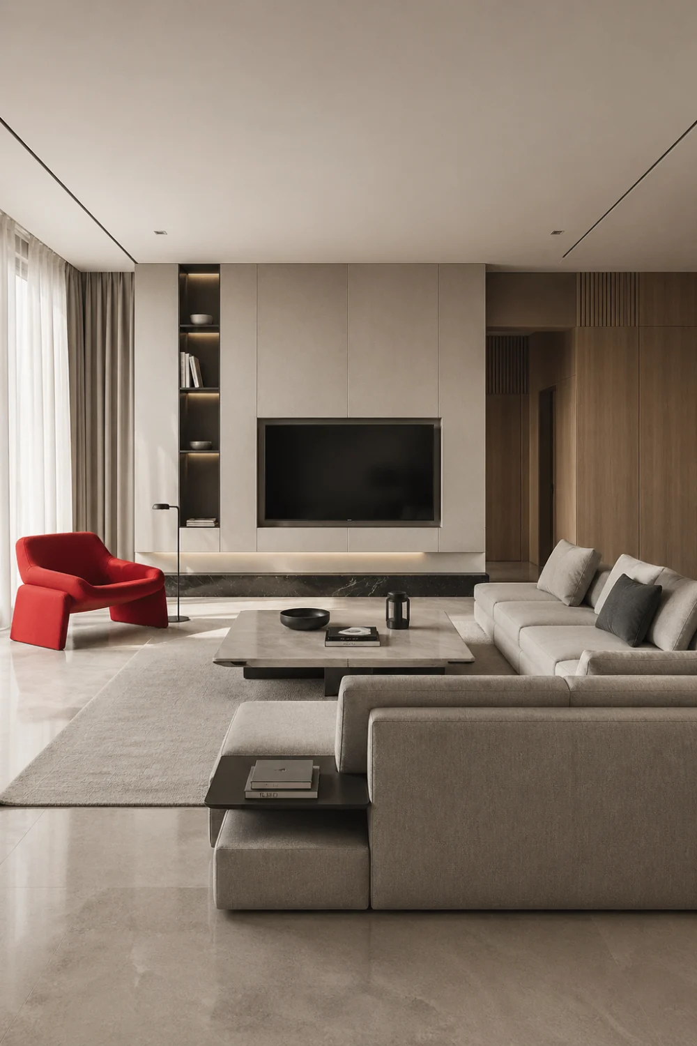 neutral living room with red accent chair, modern sofa, minimalist decor, clean layout, contemporary interior design, bold contrast furniture