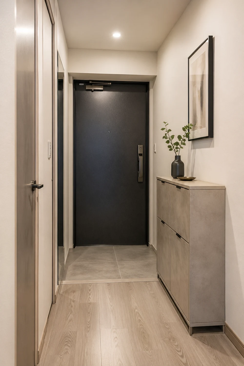 narrow entrance hall with slim shoe cabinet, modern hidden shoe storage, minimal decor styling, clean and organized small entryway design with neutral tones and wood flooring
