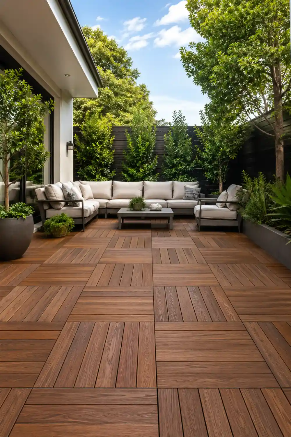 wood deck tiles covering concrete patio, modern outdoor seating, clean layout, natural wood texture flooring, stylish backyard transformation, structured patio design