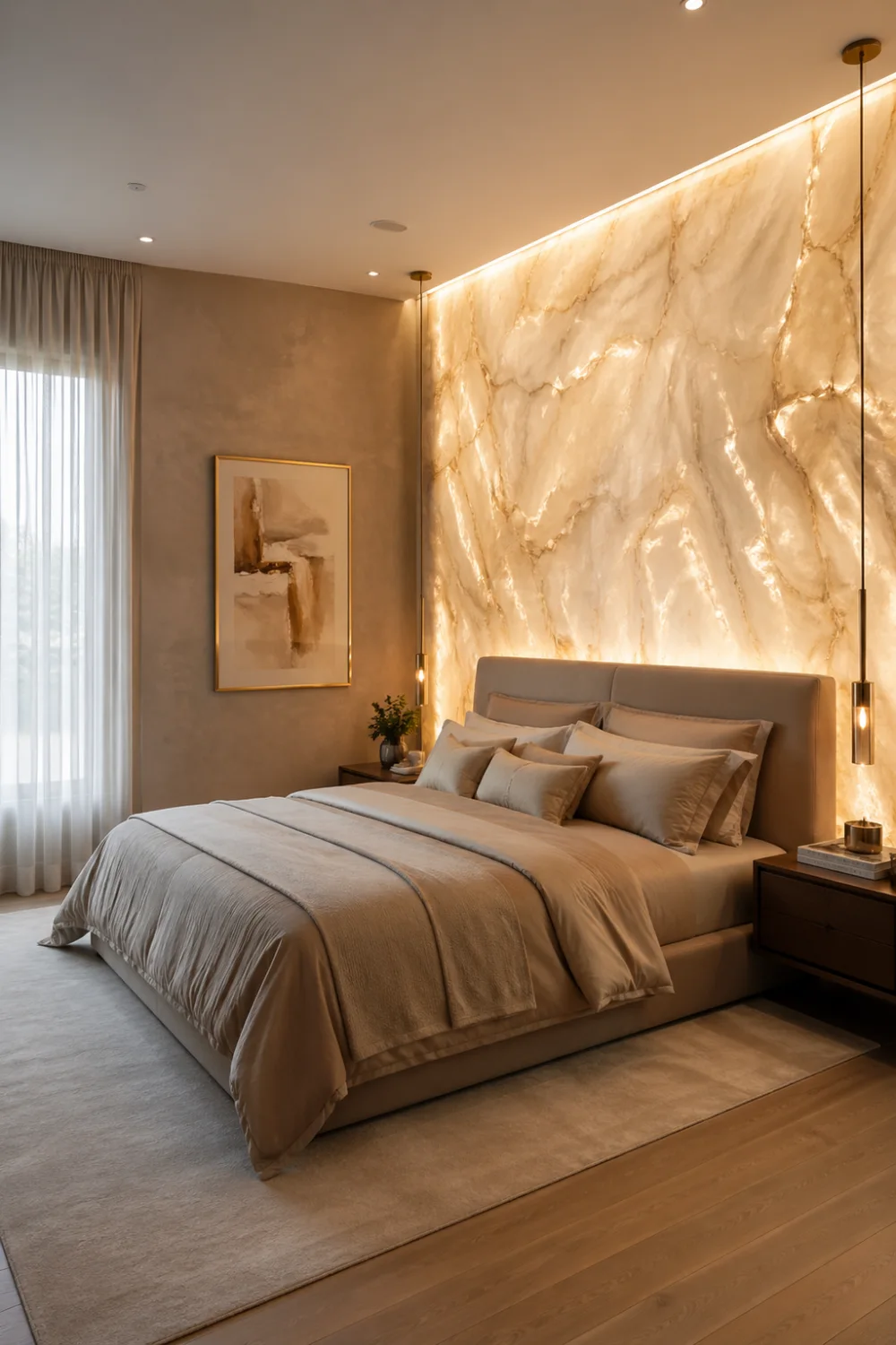 Backlit onyx accent wall bedroom with glowing panel design, warm lighting, side window, neutral decor, and luxury modern bedroom style