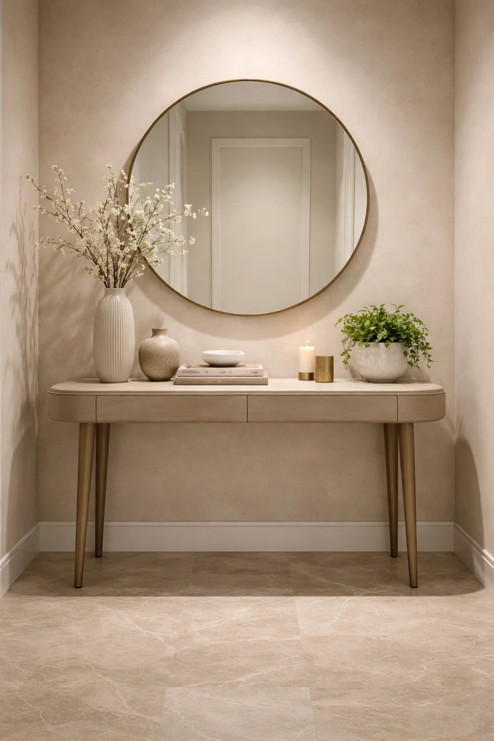 curved console table with round mirror and minimal entryway decor