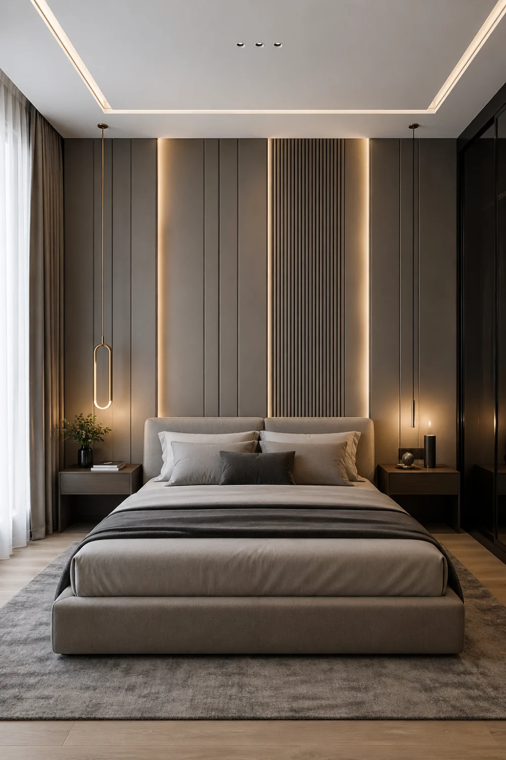 modern panel bedroom with ambient lighting, vertical wall panels with soft glow, neutral tones, minimal decor, upholstered bed, hanging pendant lights, clean layout, warm lighting, contemporary luxury bedroom, sleek and organized space