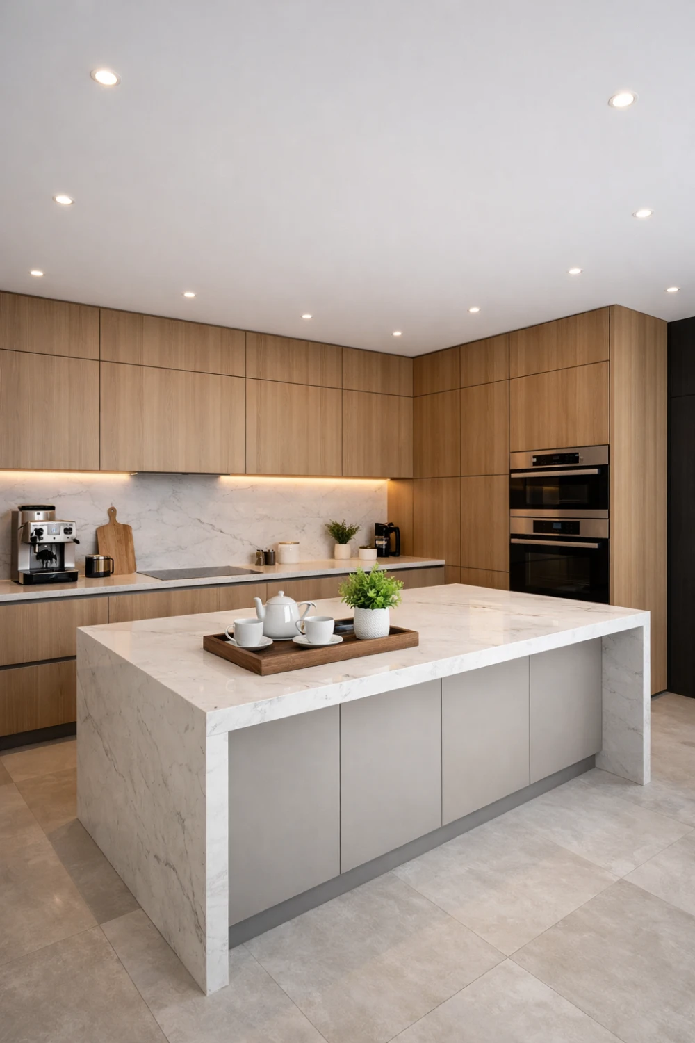 Handleless wood kitchen with marble island, modern minimalist kitchen design, clean lines and neutral tones with warm wood cabinets