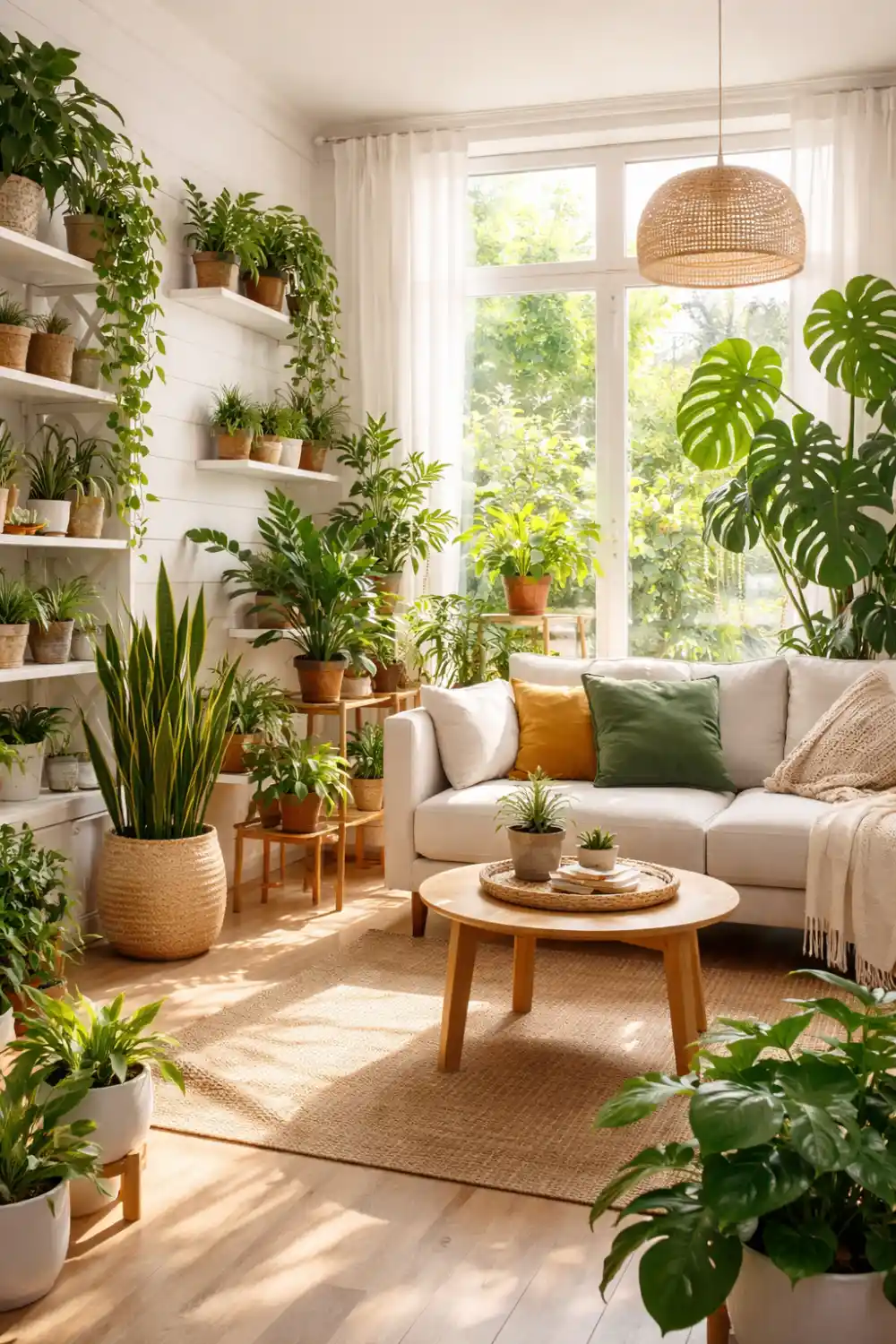 indoor plants living room decor bright space monstera snake plant cozy sofa natural light renter friendly home aesthetic