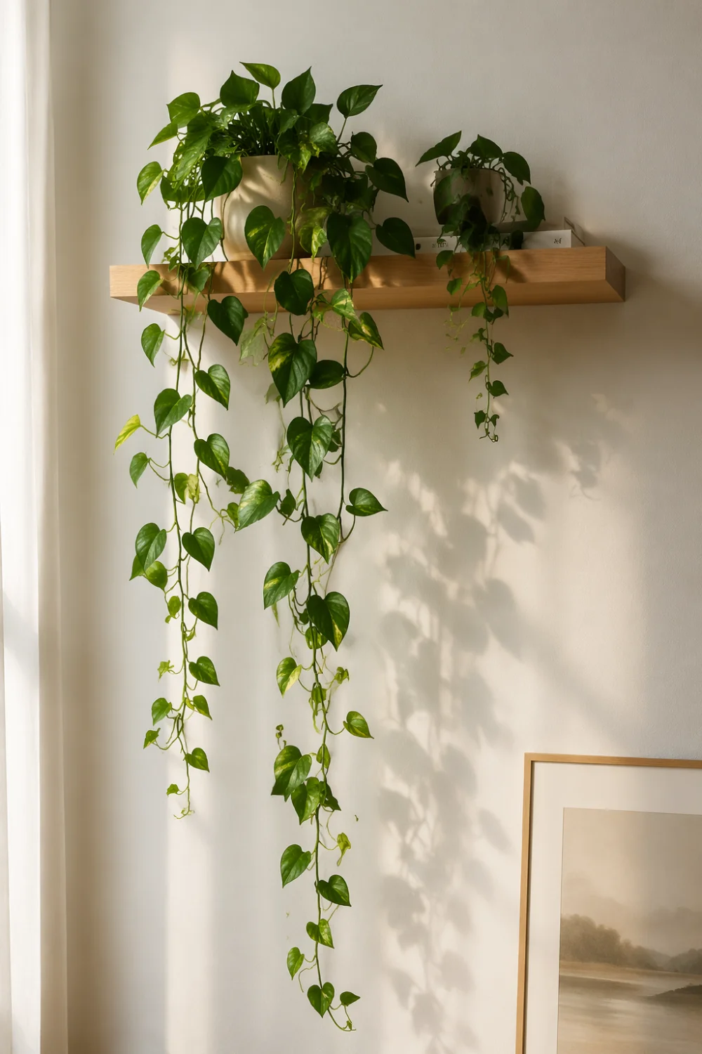 floating shelf with trailing plants pothos modern wall decor minimalist indoor greenery