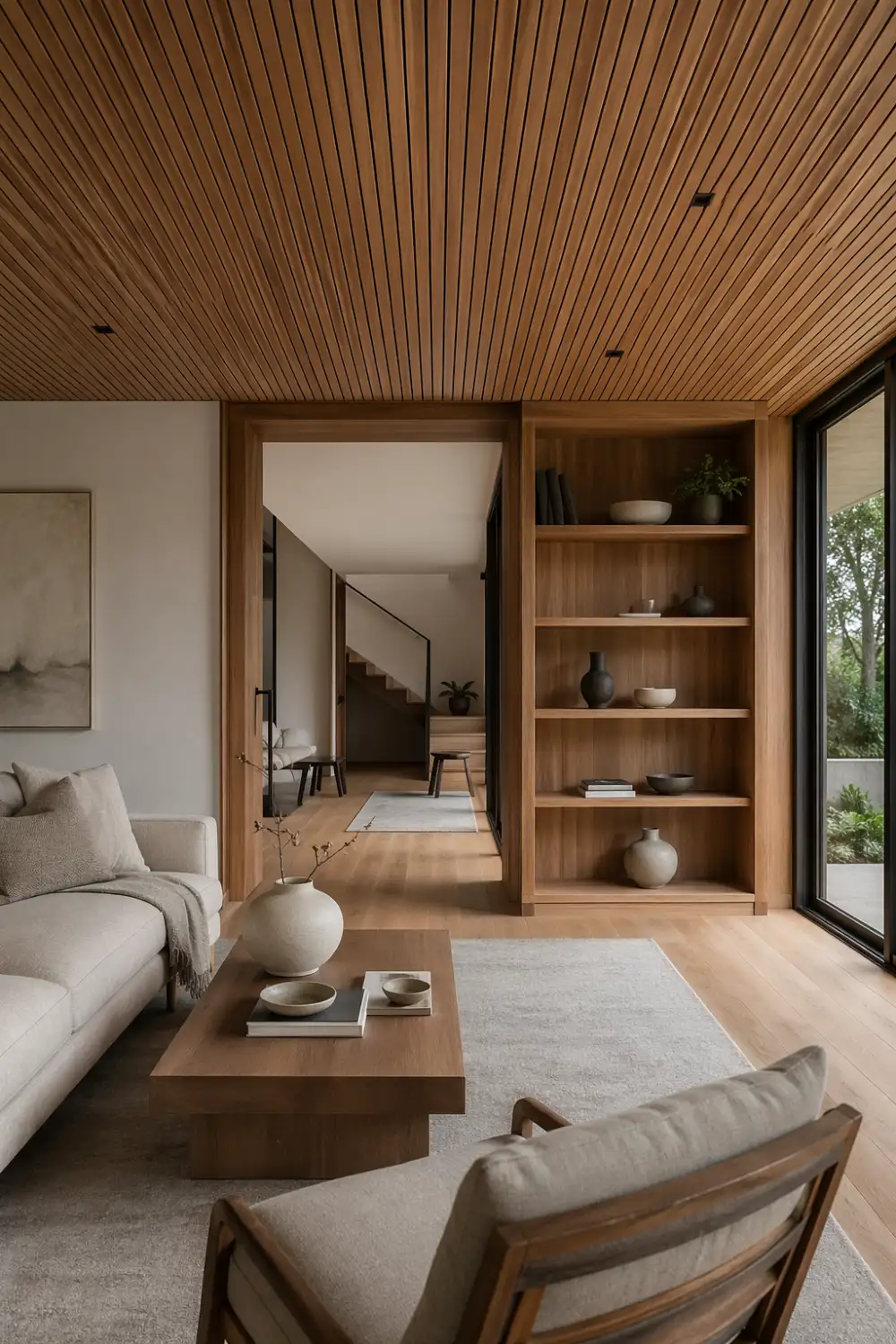 modern living room with wood slat ceiling, warm tones, minimalist furniture, natural light, Scandinavian style, linear ceiling design idea