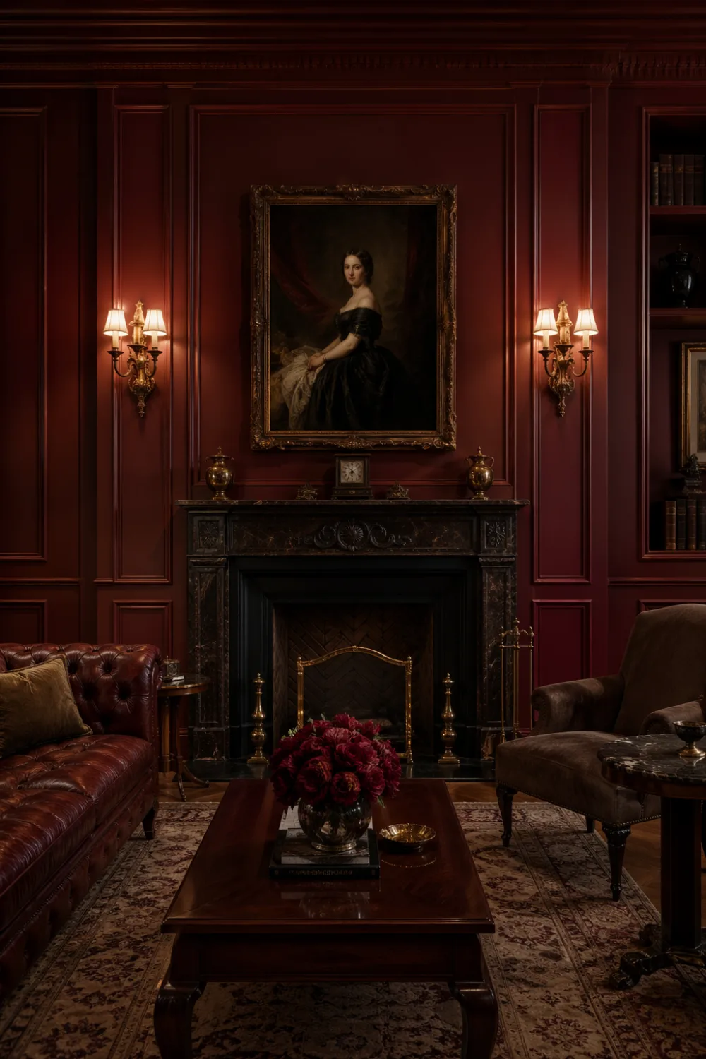 dark cherry red paneled walls classic living room fireplace vintage decor leather sofa luxury traditional interior design