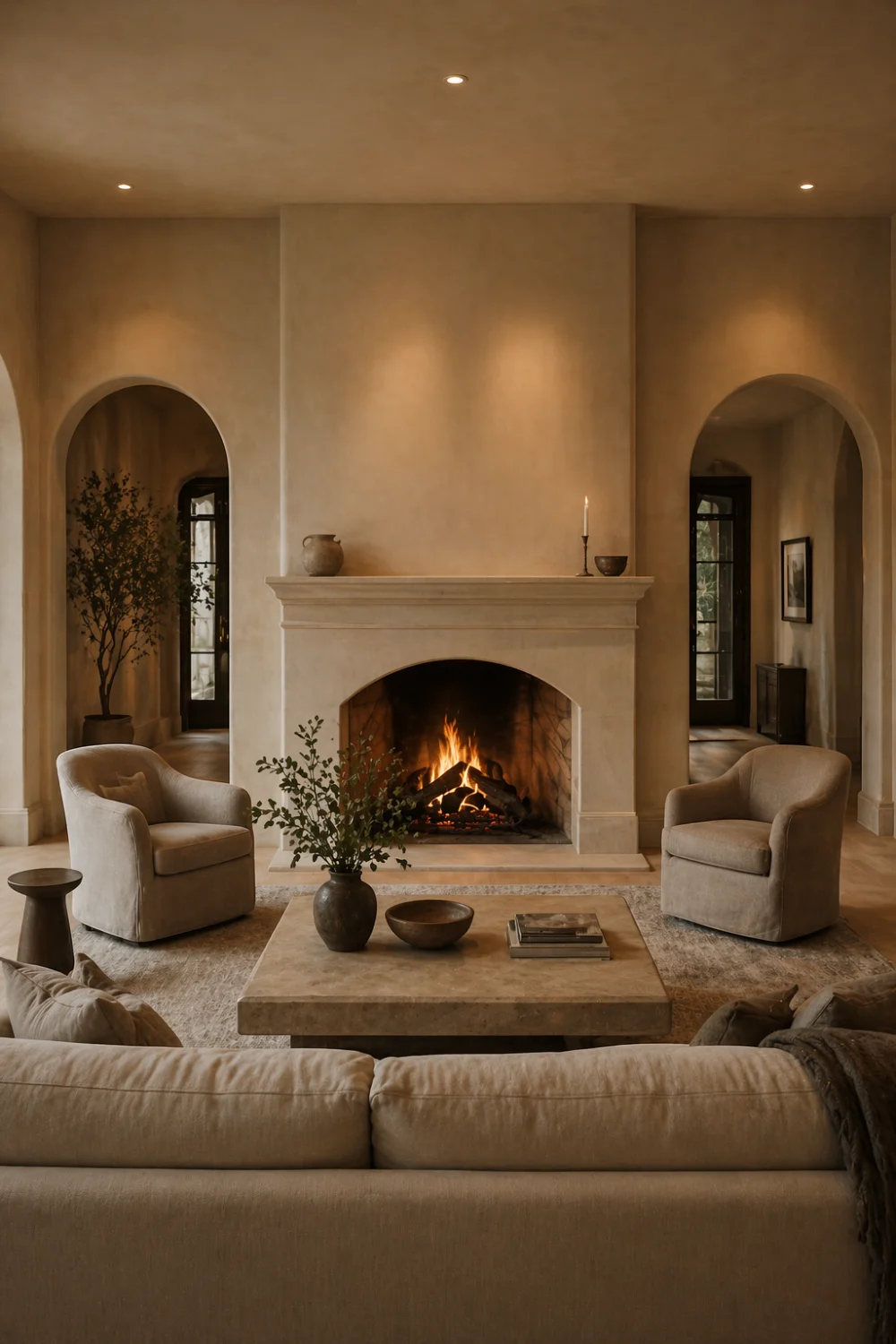French country living room with statement fireplace, neutral seating, warm lighting and cozy symmetrical layout