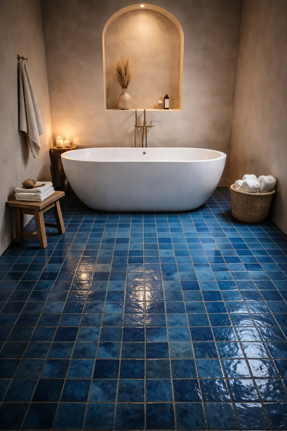 deep blue zellige bathroom floor tiles with freestanding tub luxury interior