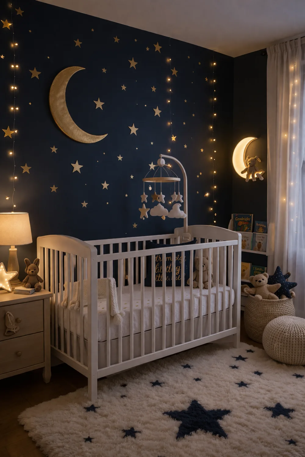 Starry night nursery decor with navy wall, moon and star decorations, fairy lights, white crib, and celestial themed baby room design.