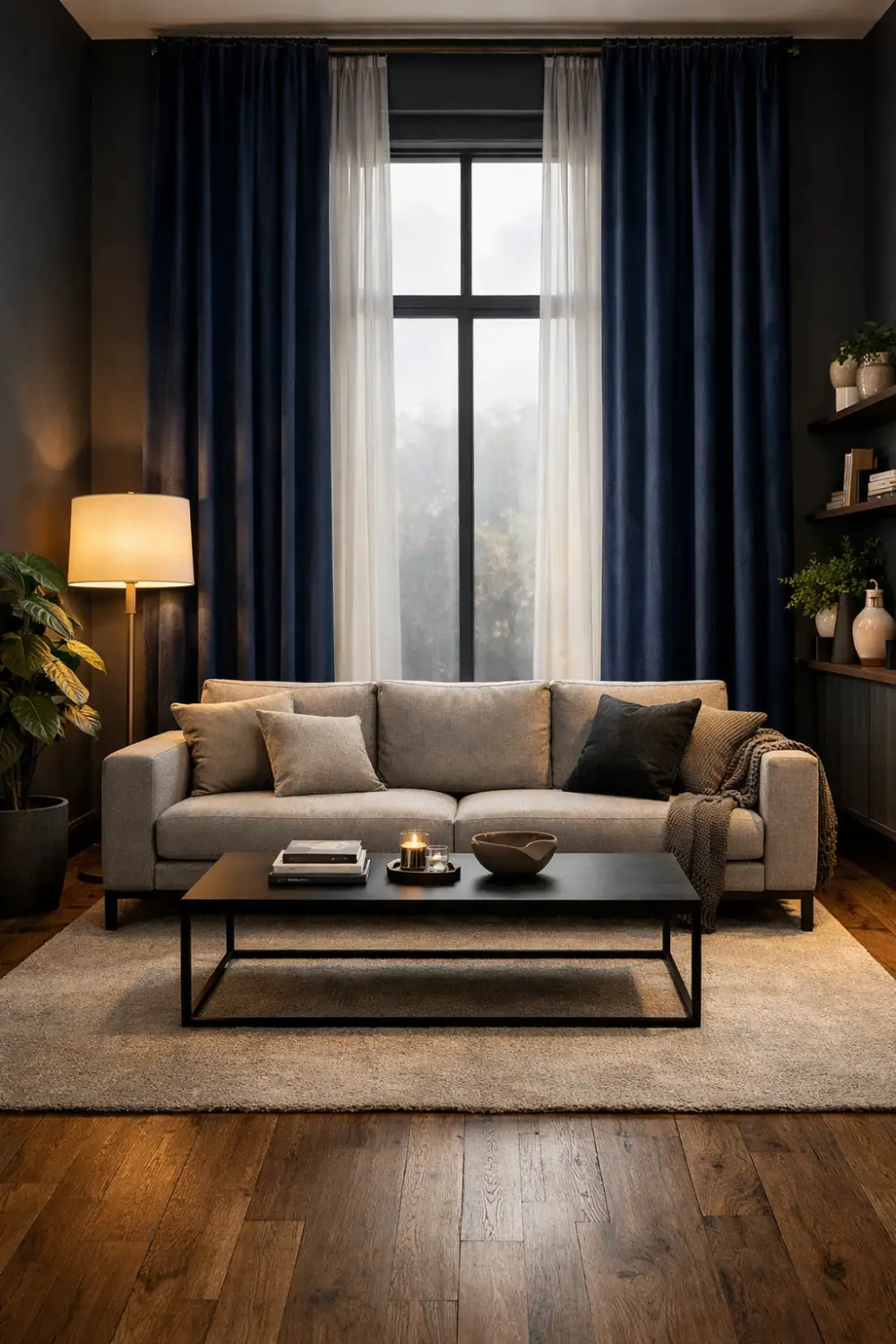 dark navy curtain living room modern cozy interior decor neutral sofa warm lighting elegant moody living room idea