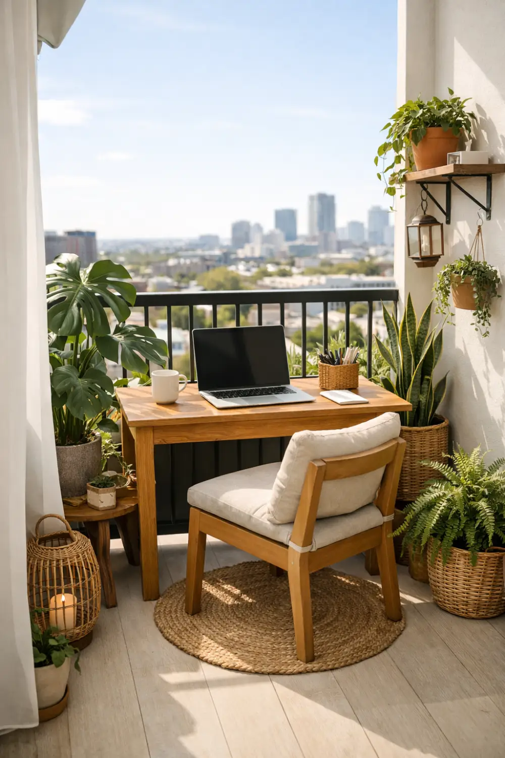 balcony office nook with small desk plants and outdoor workspace setup apartment balcony home office idea