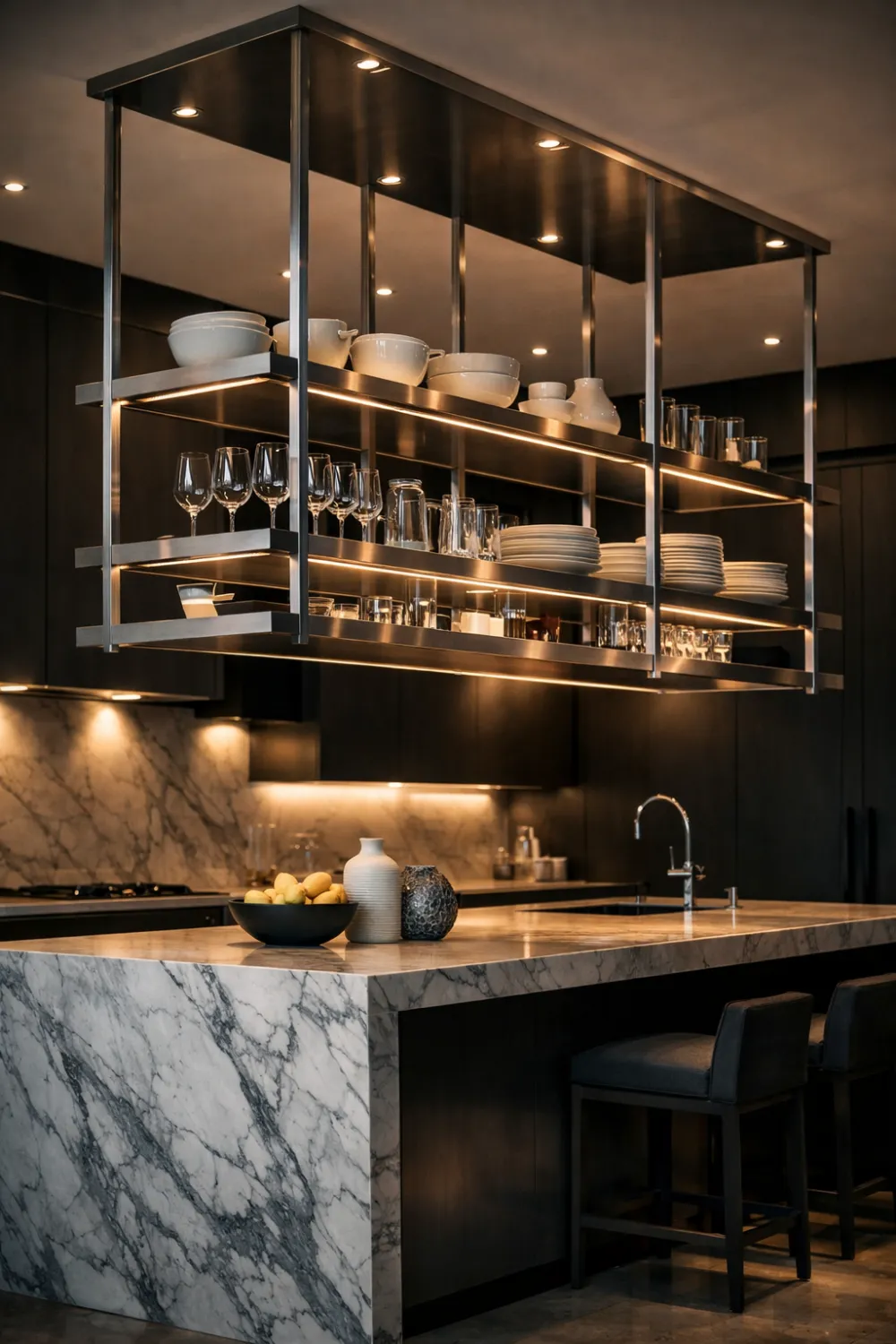 Modern kitchen island with suspended ceiling shelving structure displaying plates glassware and dishes illuminated by integrated lighting in a luxurious contemporary kitchen.