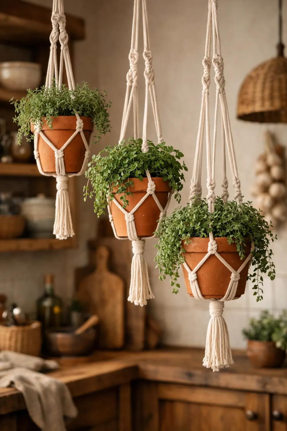 Macrame hanging herb planters with terracotta pots growing thyme oregano and mint suspended from ceiling in cozy kitchen interior, stylish indoor herb garden idea