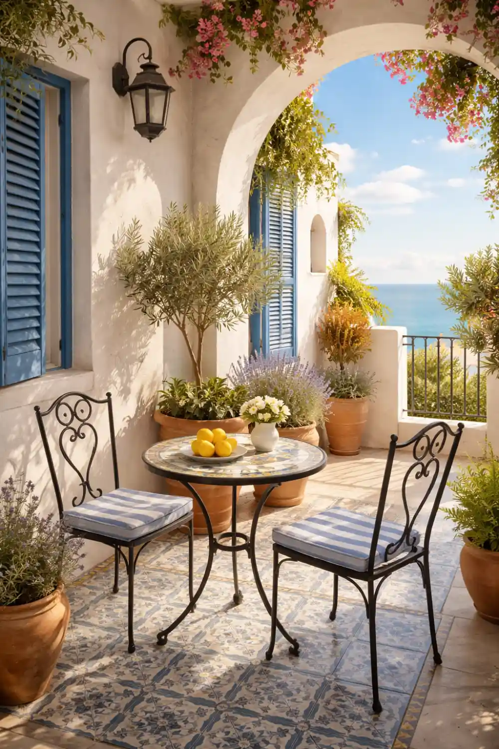 mediterranean balcony decor with terracotta pots bistro table sea view colorful tile balcony design inspiration