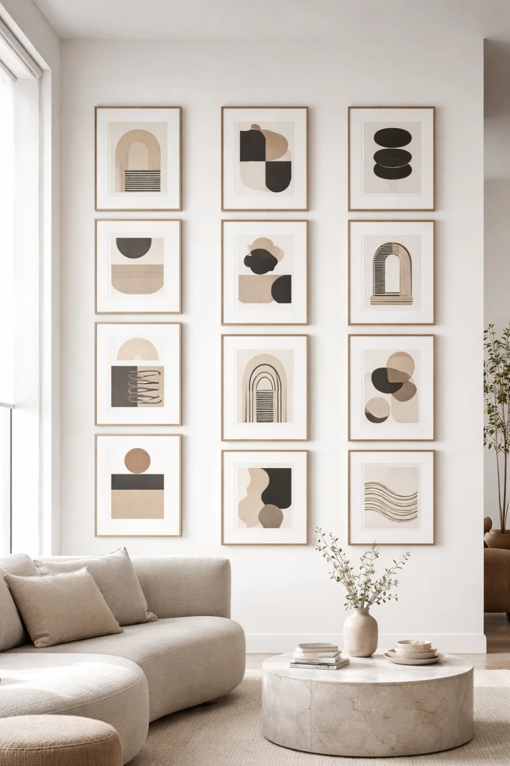 Tall vertical grid gallery wall with multiple abstract art prints arranged in neat columns above a modern sofa