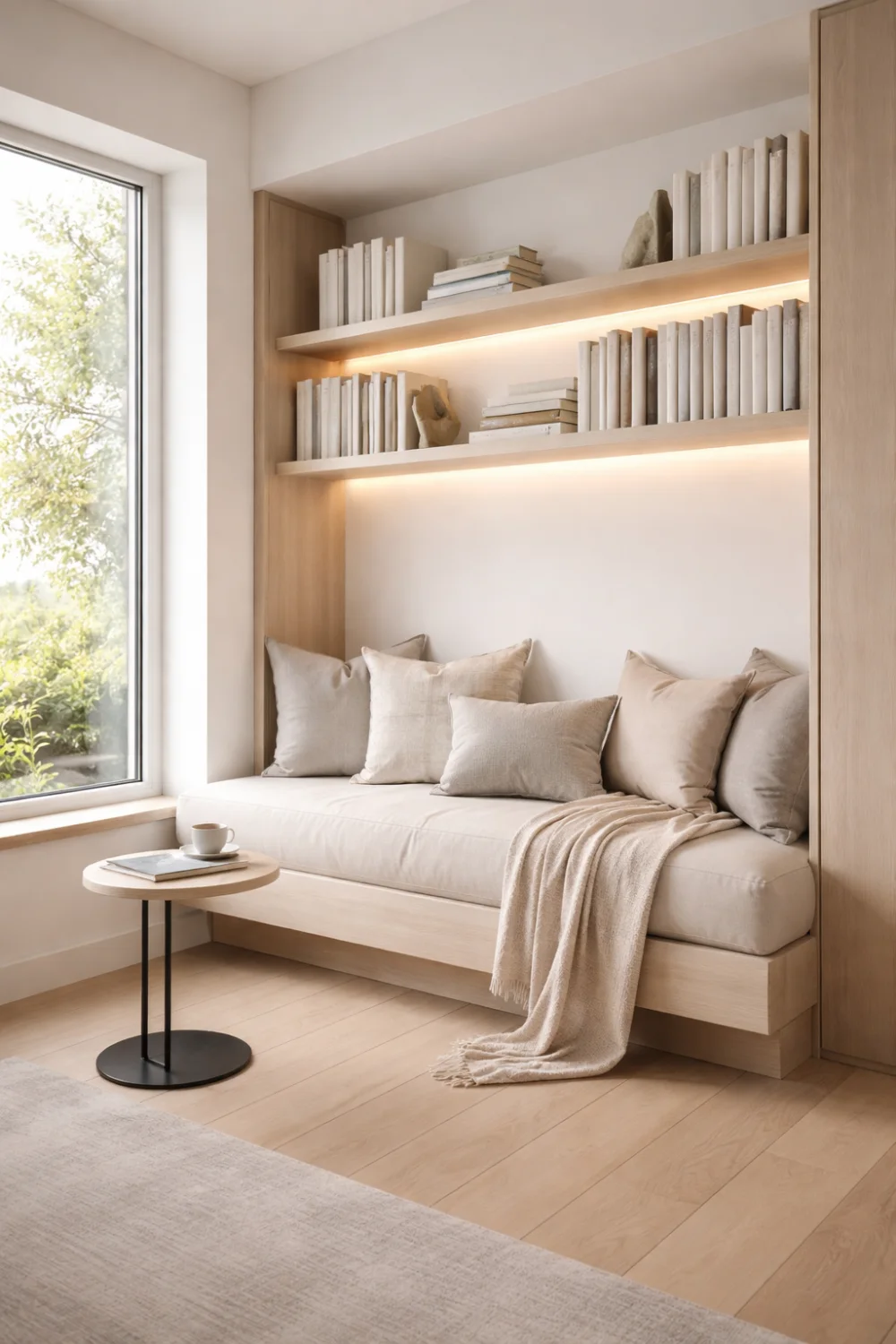 minimalist built in reading nook bench with shelves modern cozy reading corner idea