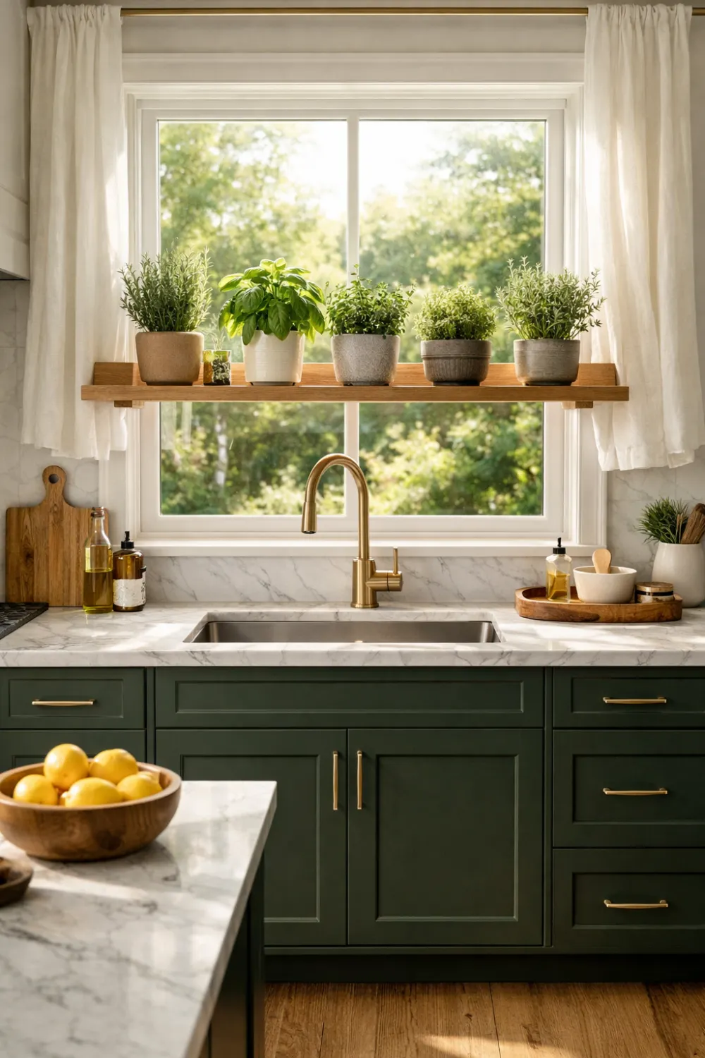 Modern cottage kitchen window with wooden herb shelf, green cabinets, marble countertop, and natural sunlight.