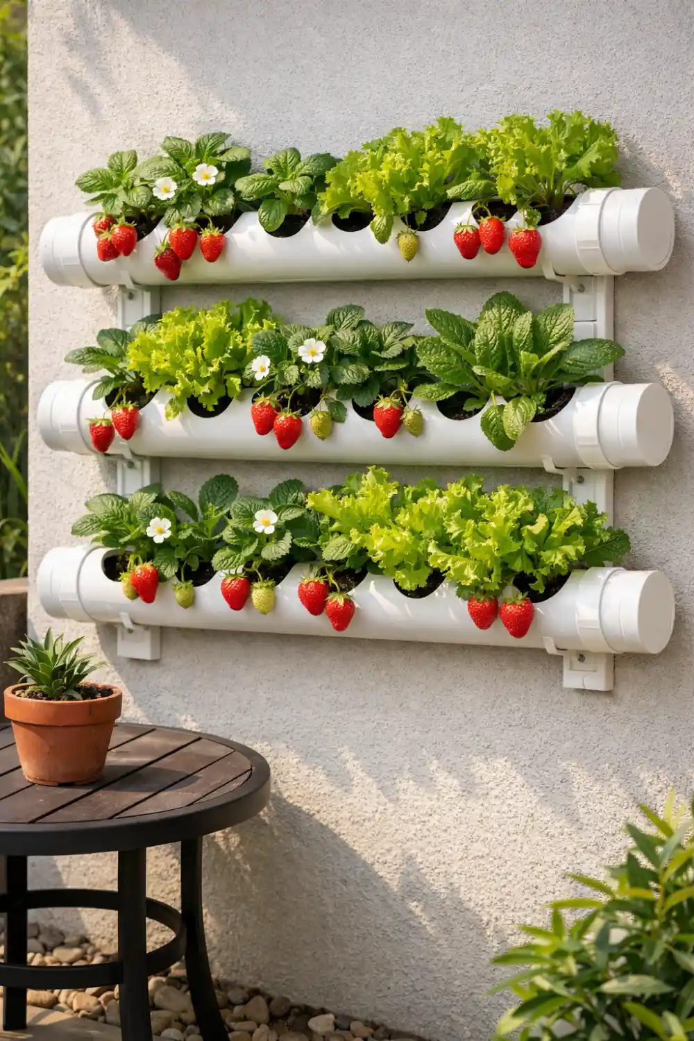PVC pipe vertical garden mounted on a wall growing strawberries and leafy greens in a compact system.