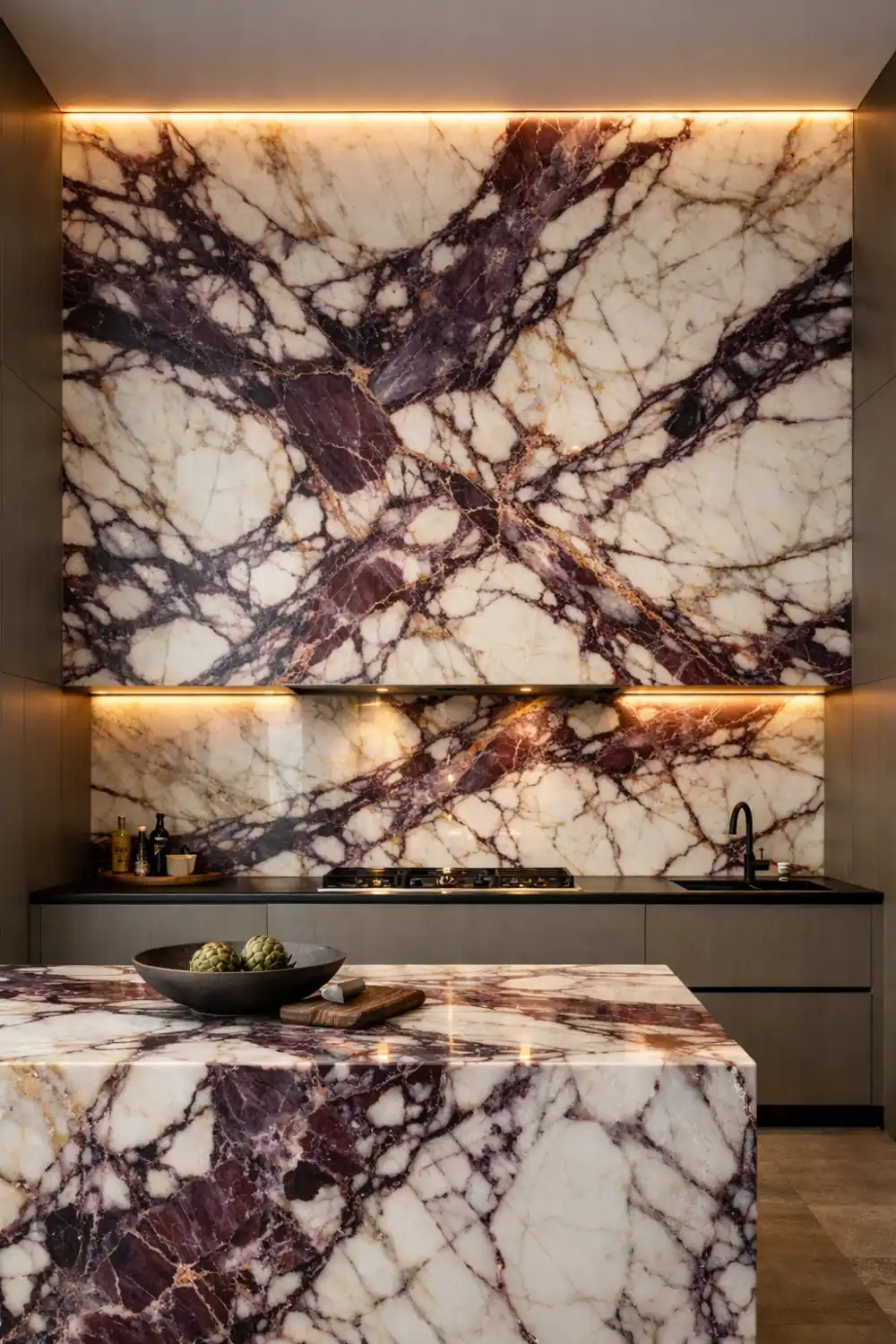 floor to ceiling Viola marble wall kitchen with backlighting, modern cabinetry, and luxury interior design