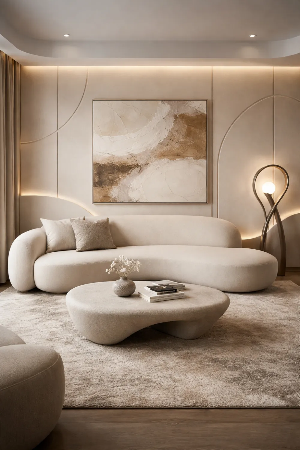 Modern sculptural small living room with curved sofa, artistic coffee table, textured wall panels, and warm ambient lighting creating a designer interior.