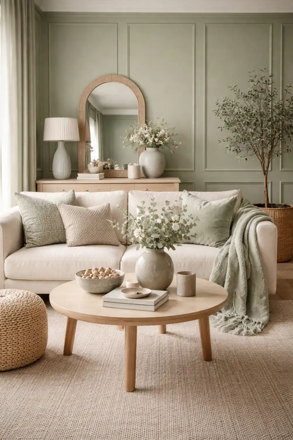 sage green living room decor neutral sofa wood coffee table cozy minimalist calm home interior inspiration