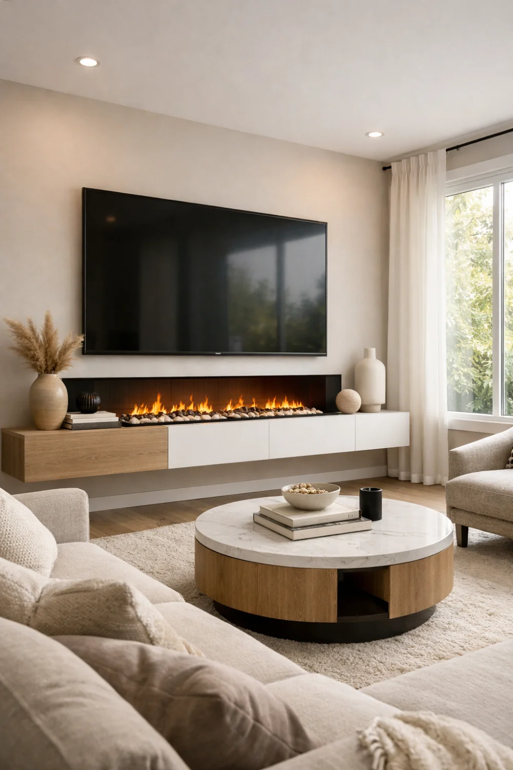 Floating TV console with electric fireplace and TV above in minimalist living room with neutral decor.