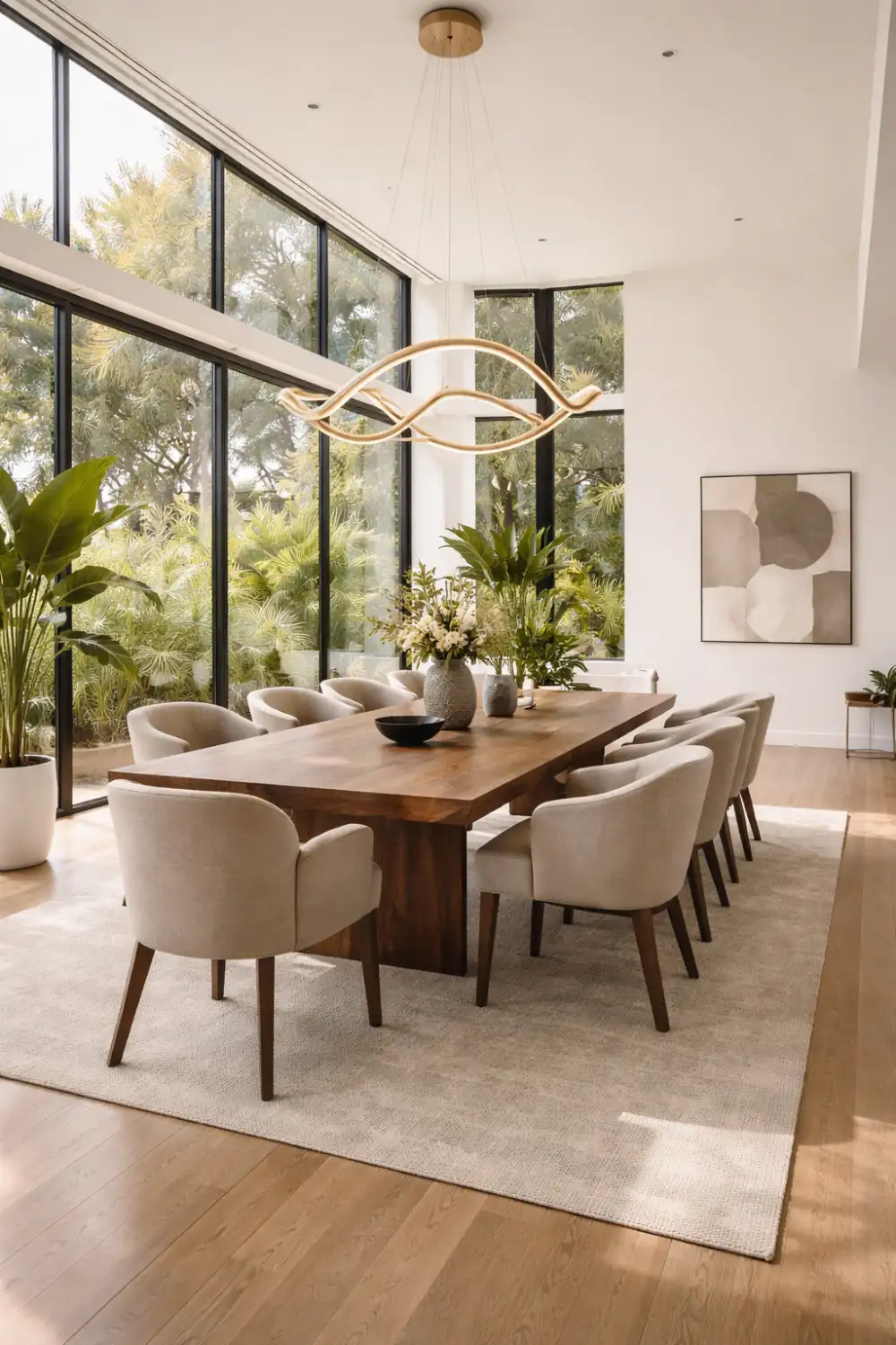 bright modern dining room with floor to ceiling glass windows wooden dining table upholstered chairs and sculptural chandelier