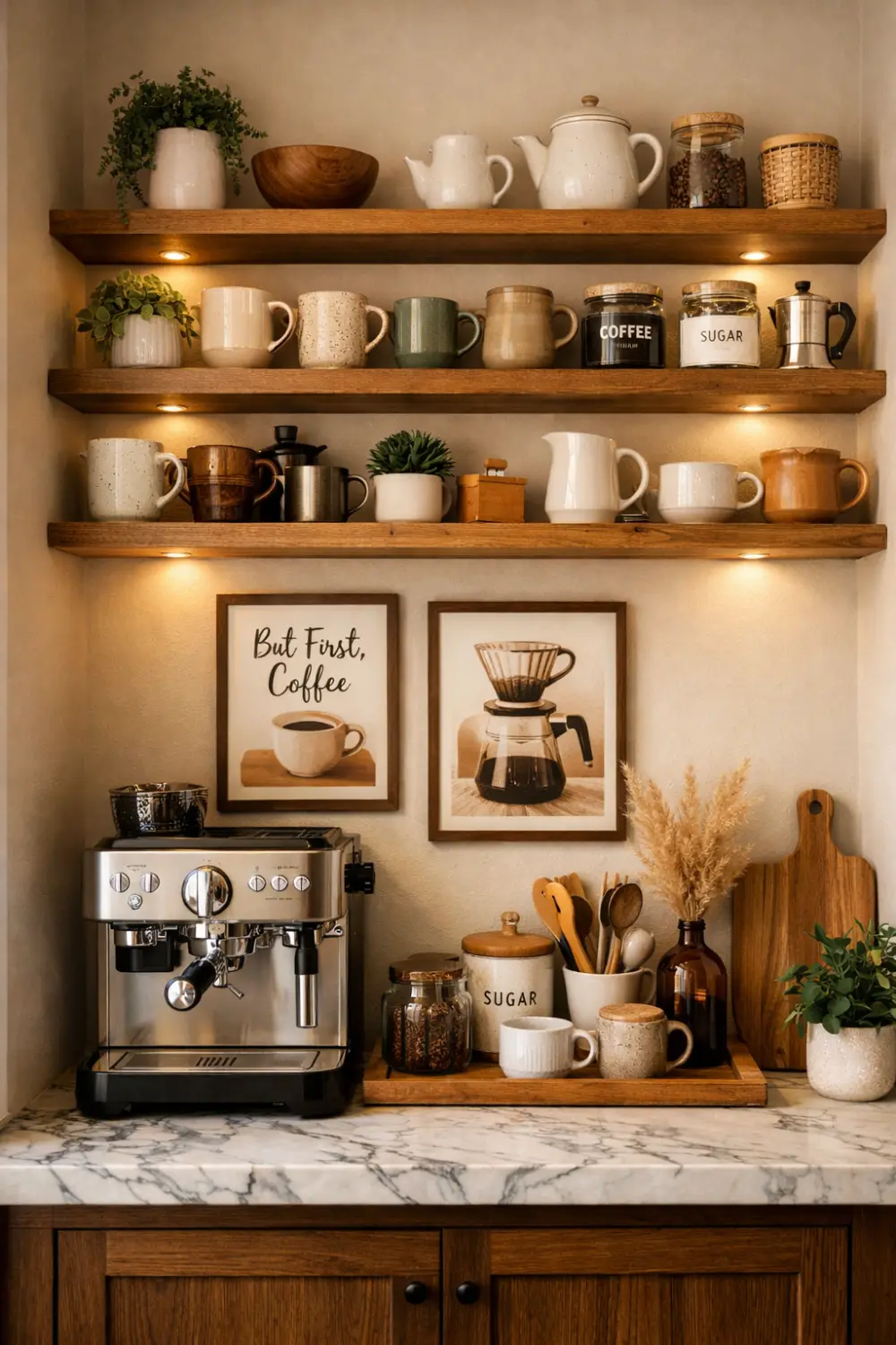 cozy coffee bar with wooden shelves mugs jars plants and espresso machine warm kitchen coffee station