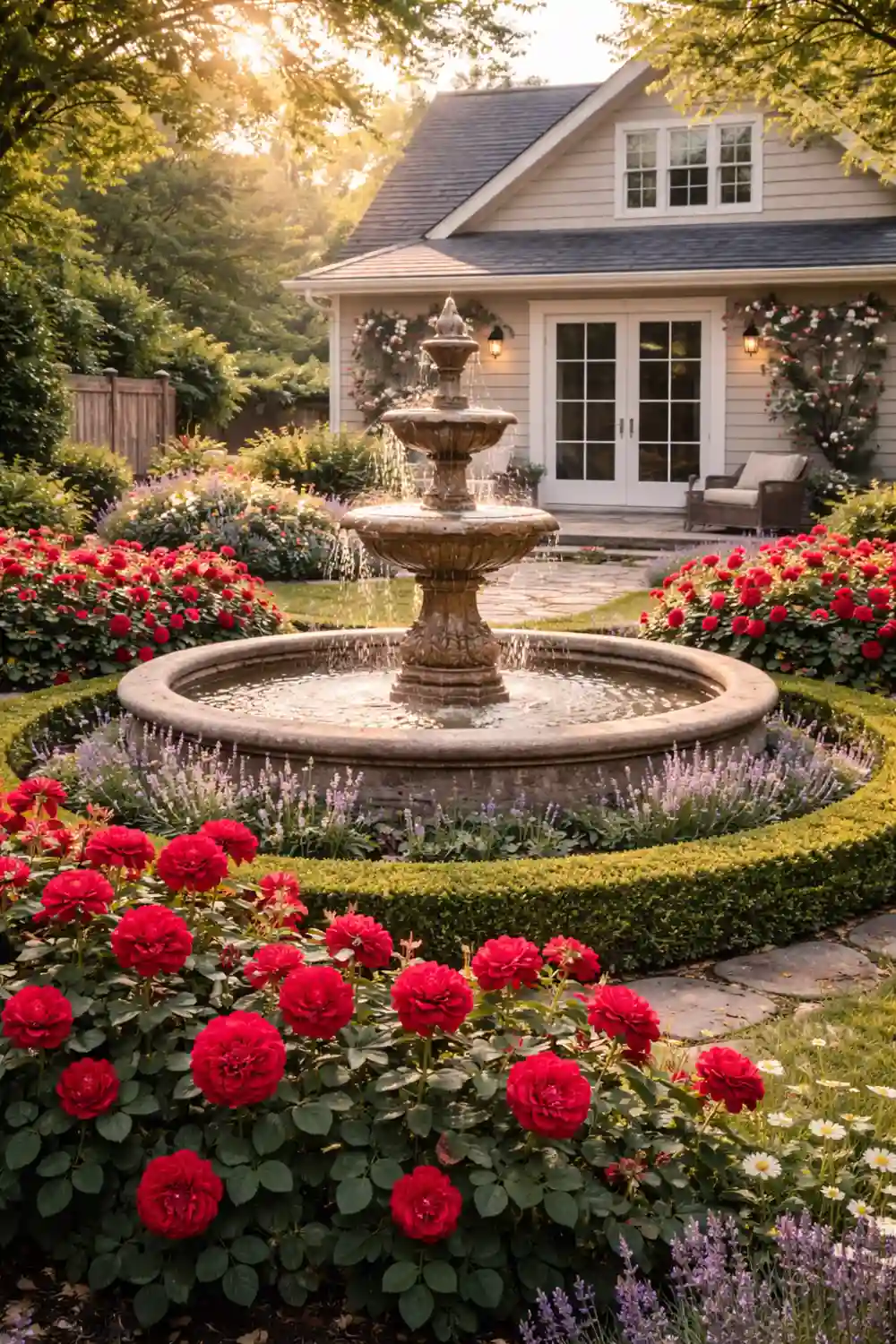 Backyard garden fountain surrounded by red rose bushes and neatly trimmed hedges creating an elegant garden centerpiece.