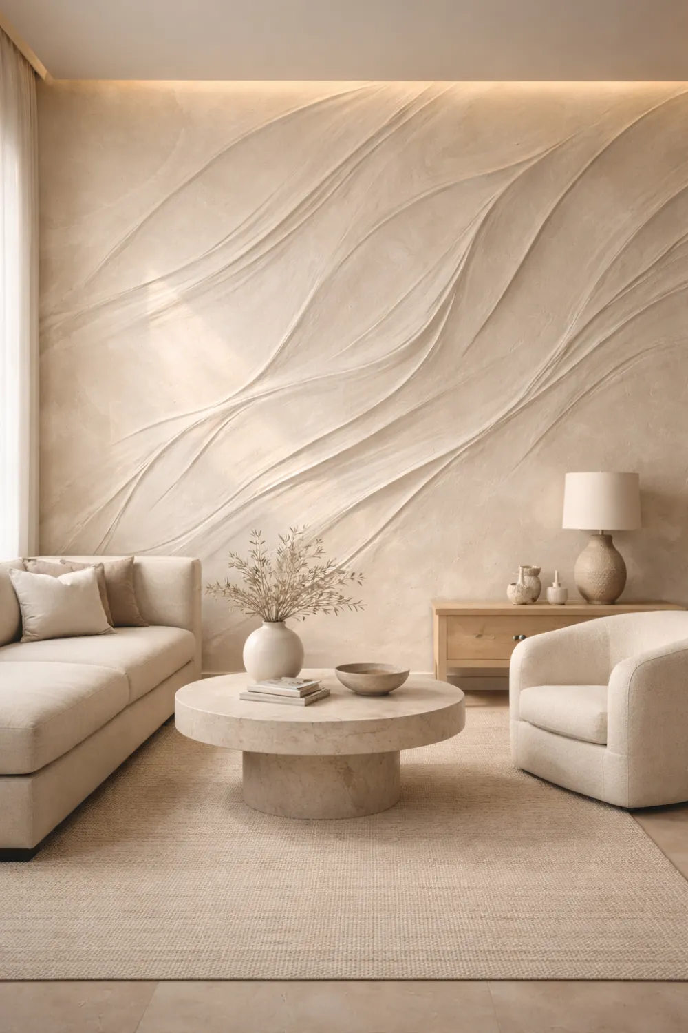 Modern living room interior with sculptural plaster wall art featuring flowing wave patterns, neutral textured wall creating artistic movement behind minimal furniture in a contemporary space.