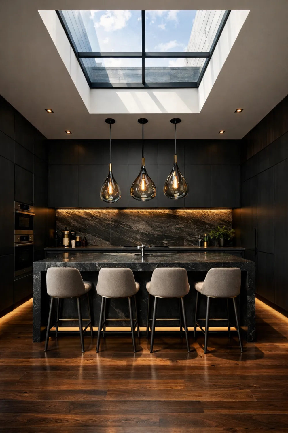 Luxury dark kitchen with skylight ceiling, marble island, pendant lights, black cabinets, and modern interior design.