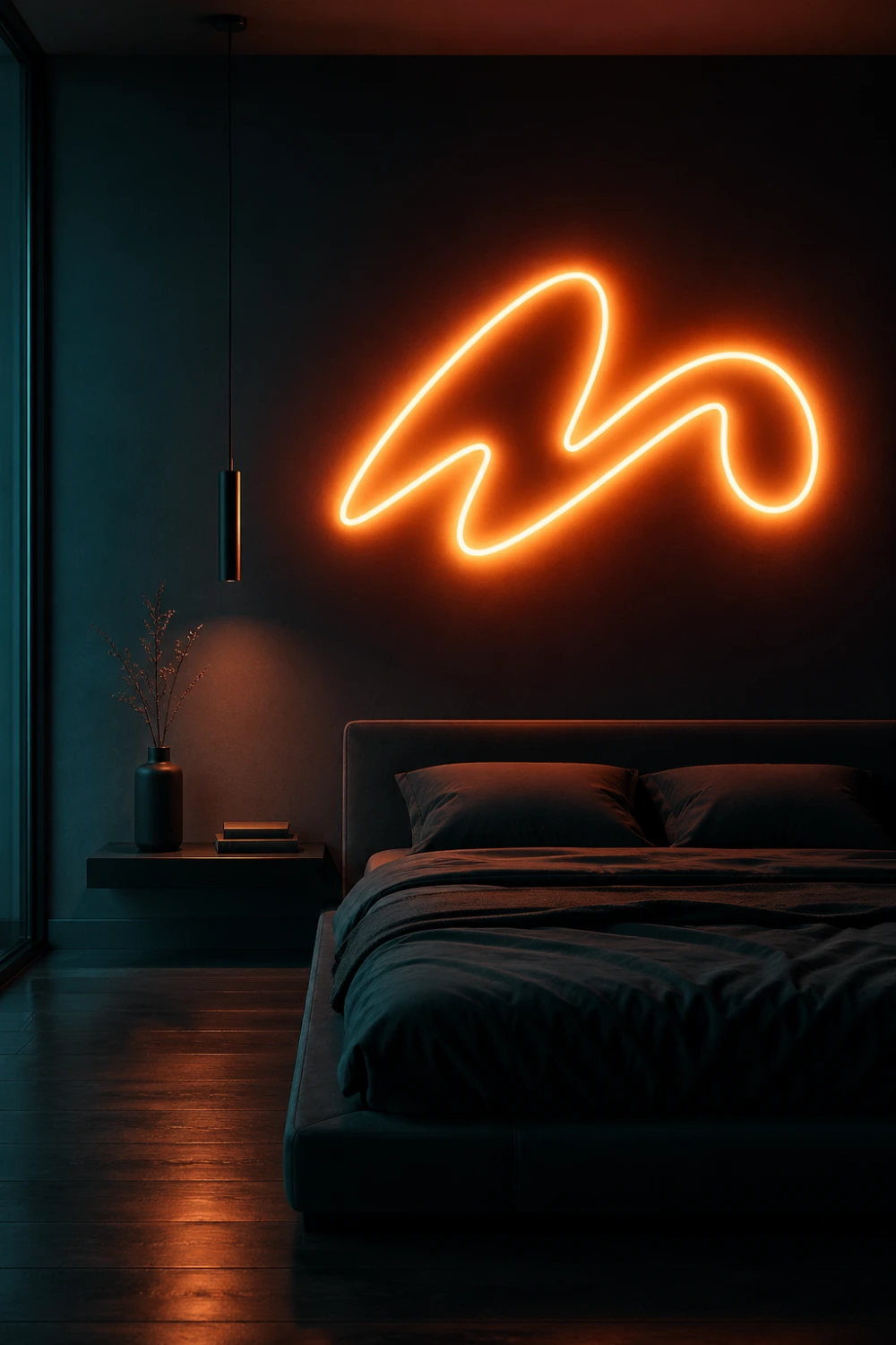 neon bedroom aesthetic with glowing wall light, dark modern bedroom design, minimal decor, aesthetic neon lighting room inspiration