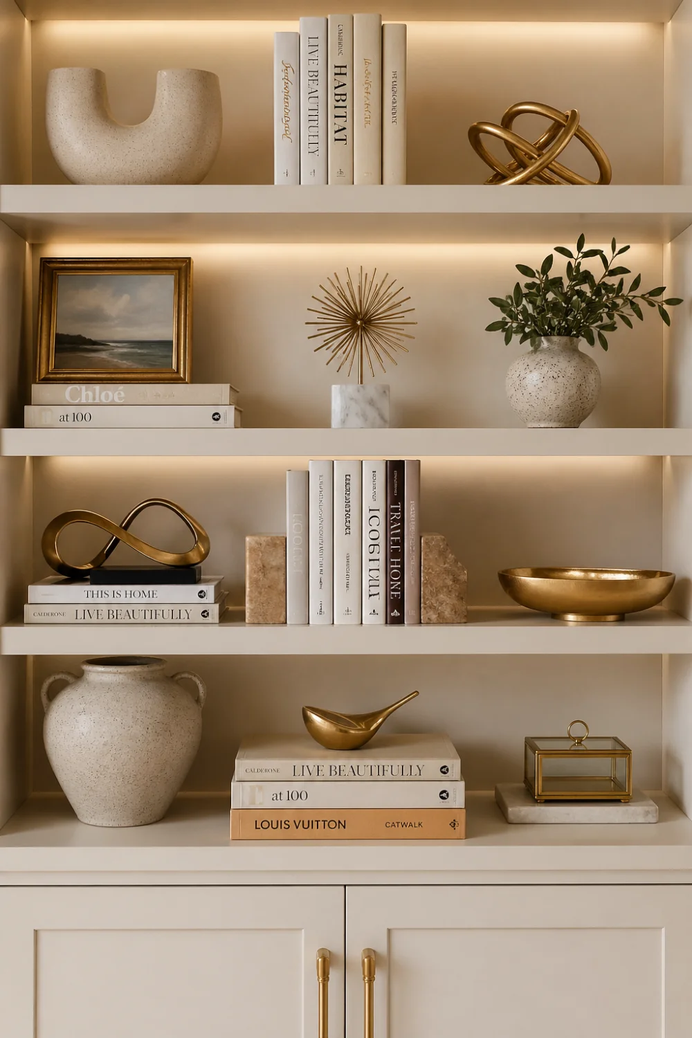 neutral bookshelf styling with gold decor accents, metallic objects, soft lighting, elegant shelf design, modern luxury bookshelf styling idea with beige and gold tones
