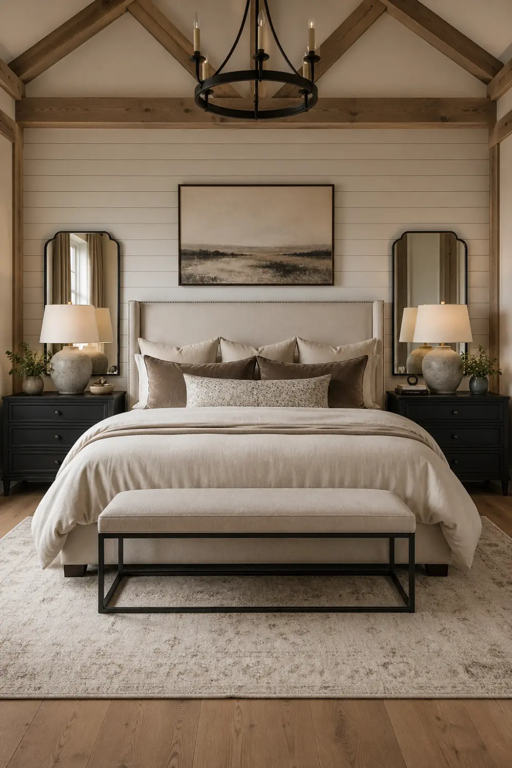 modern farmhouse bedroom with chandelier lighting, exposed wooden beams, shiplap wall, matching mirrors, neutral bedding, black nightstands, soft lighting, symmetrical luxury interior