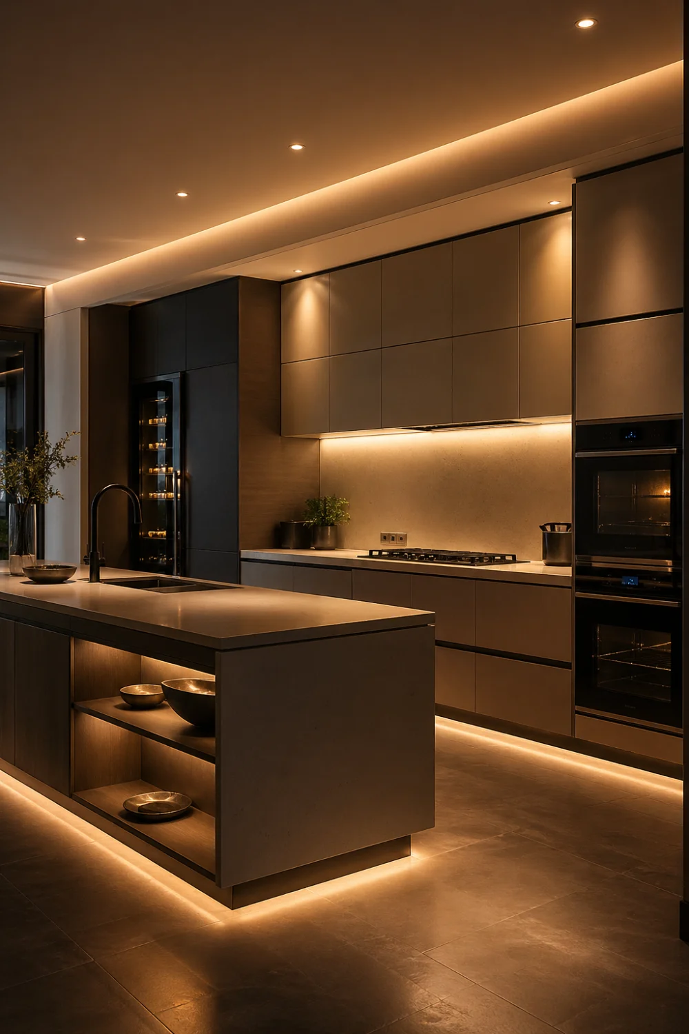 modern kitchen with smart lighting system, adjustable warm LED lighting under cabinets and ceiling, ambient glow changing brightness levels, sleek cabinetry and high tech kitchen design