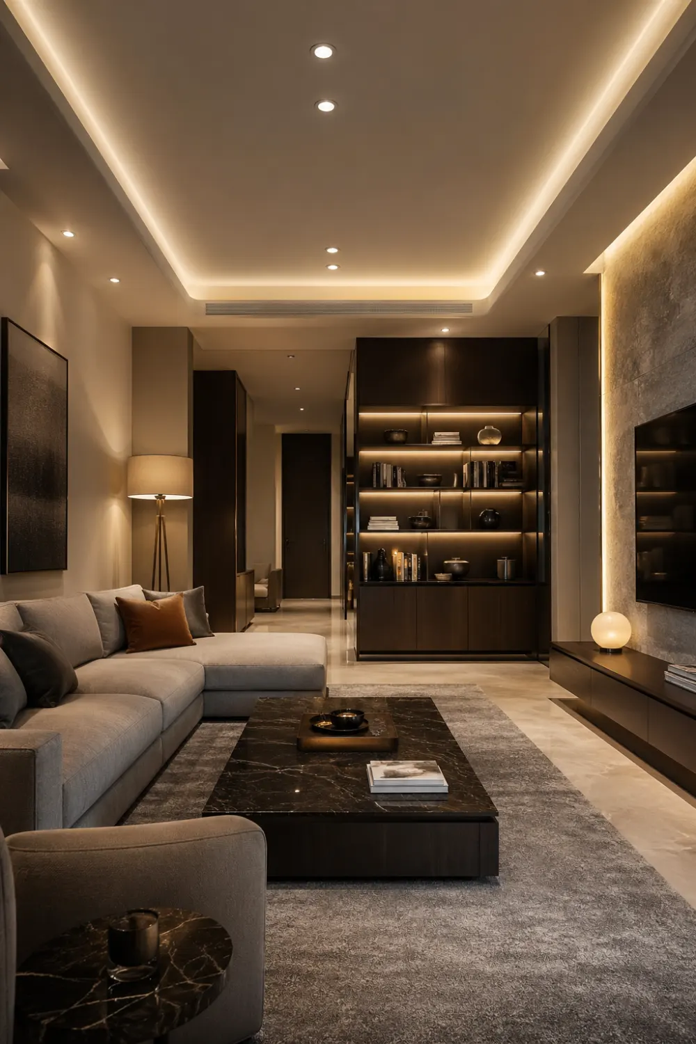 modern living room with built-in storage shelves, warm lighting, neutral sofa, organized decor, contemporary wall unit design, clean interior layout