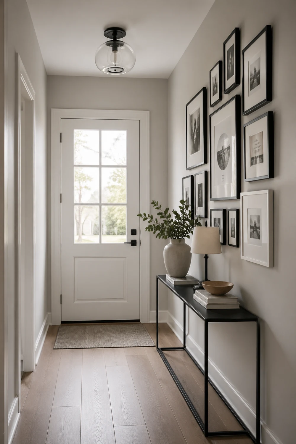 small entrance hall with gallery wall frames, console table with decor and lamp, modern narrow hallway styling, personalized entryway design with black and white photo frames