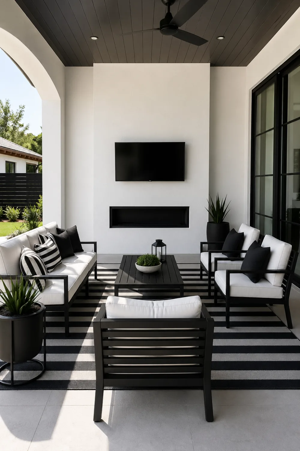 black and white modern patio with striped rug, matching outdoor furniture, minimalist decor, clean layout, concrete slab base, contemporary outdoor seating area