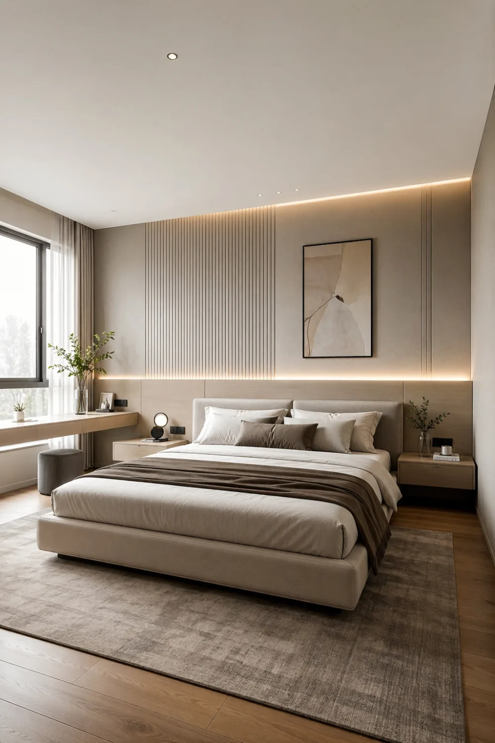 Modern floating headboard accent wall bedroom with LED strip lighting, vertical panel detail, side window, neutral tones, and clean design