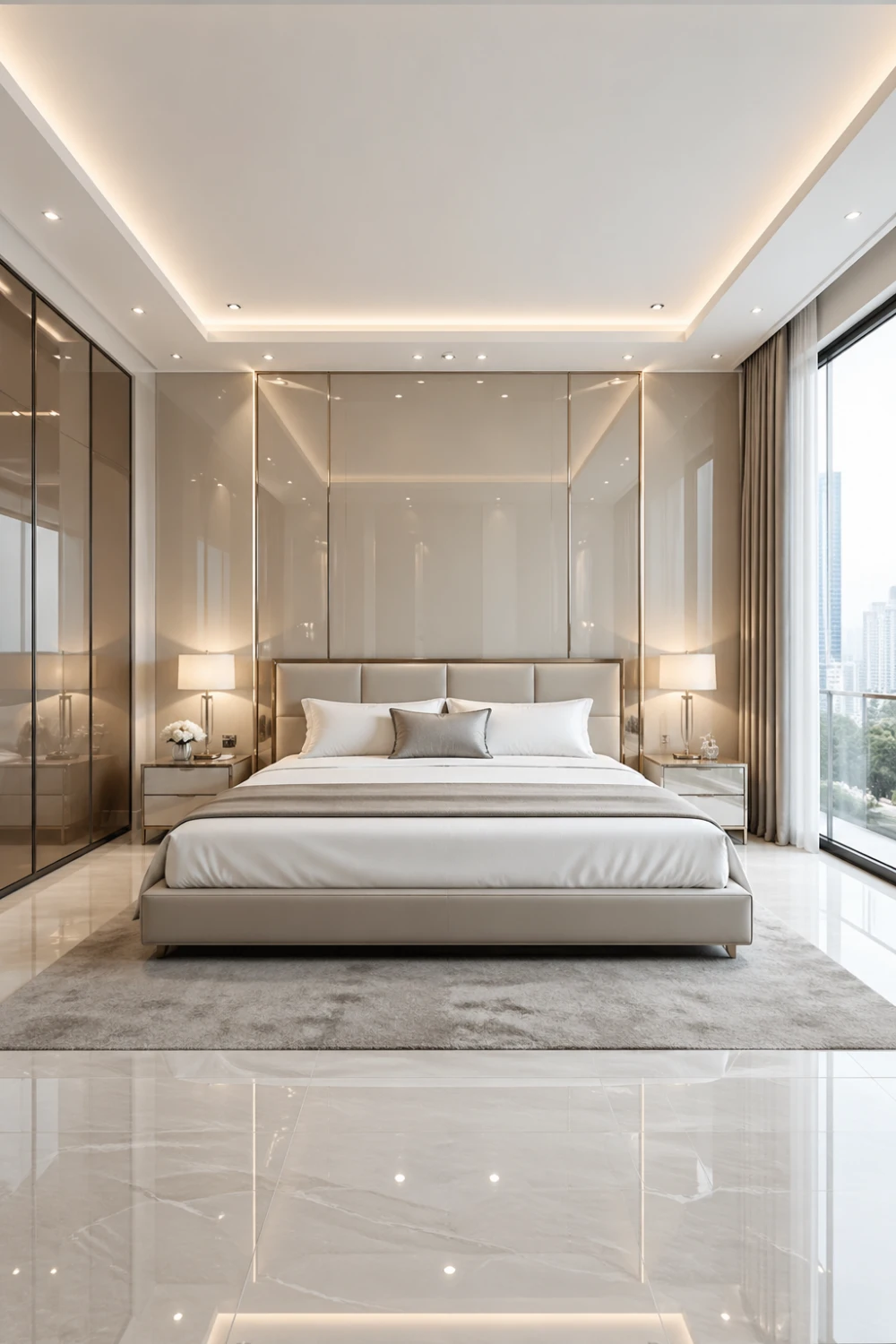 glossy reflective luxury bedroom design, mirrored wall panels, high gloss surfaces, neutral tones, upholstered bed, soft lighting, clean modern interior, bright and spacious feel, elegant contemporary bedroom style, clutter free environment