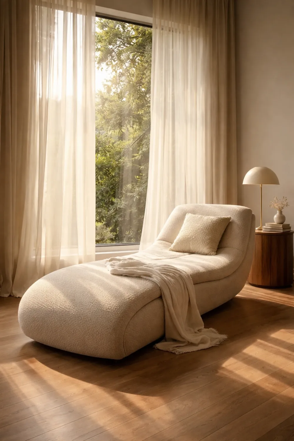 curved chaise lounge near window with soft lighting and cozy decor