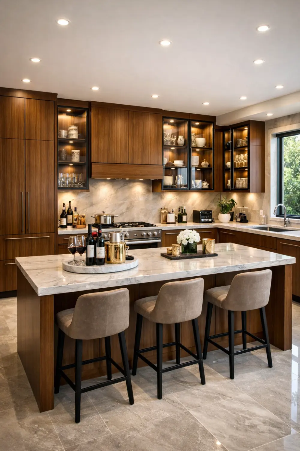 Luxury wood kitchen with glass cabinets, marble island, warm lighting, modern elegant kitchen design with styled decor