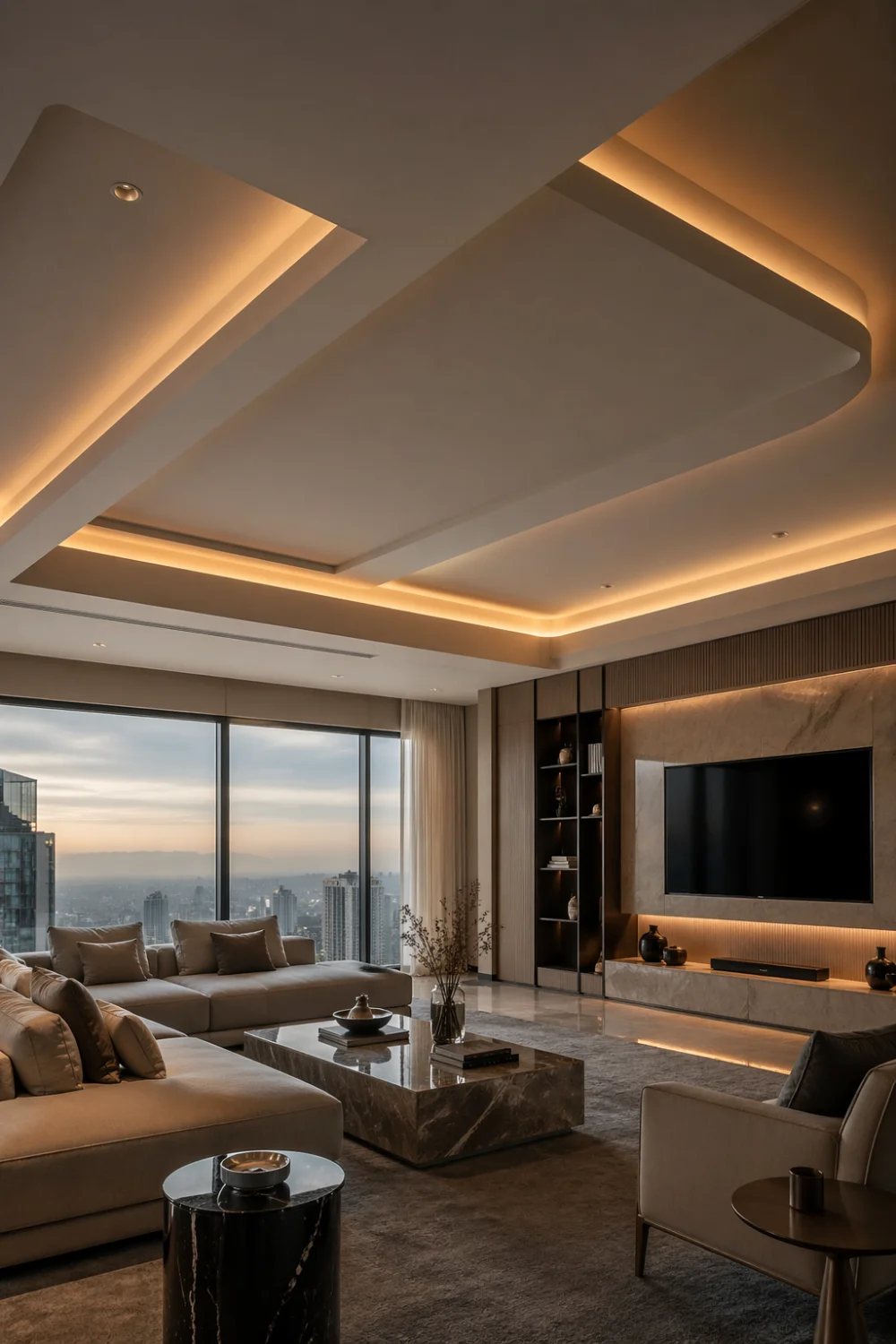 modern living room with sculpted ceiling and LED strip lighting, curved design, warm ambient glow, luxury interior, futuristic ceiling idea